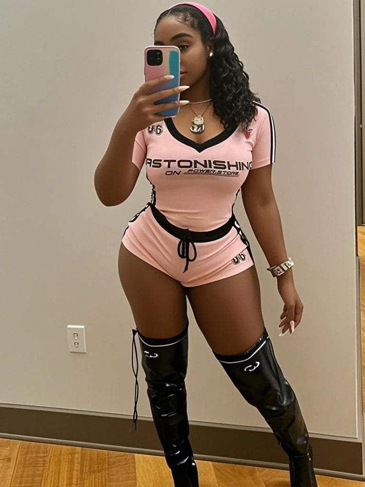 Casual 2 Piece Set Women Tracksuit Letter Print Y2K Hipster Short Sleeve Crop Tops+Wide Waist Shorts Activity Outfits