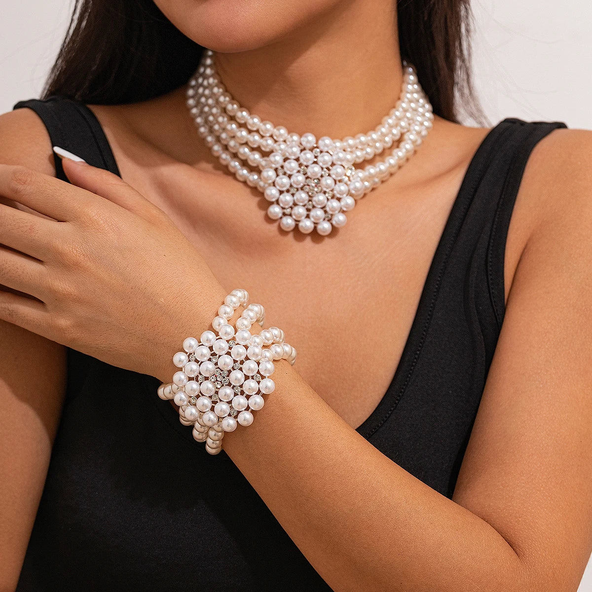 2Pcs Elegant Multilayer Imitation Pearl Chain Necklace Bracelet Women Wed Bridal Flower Choker Aesthetic Jewelry Set