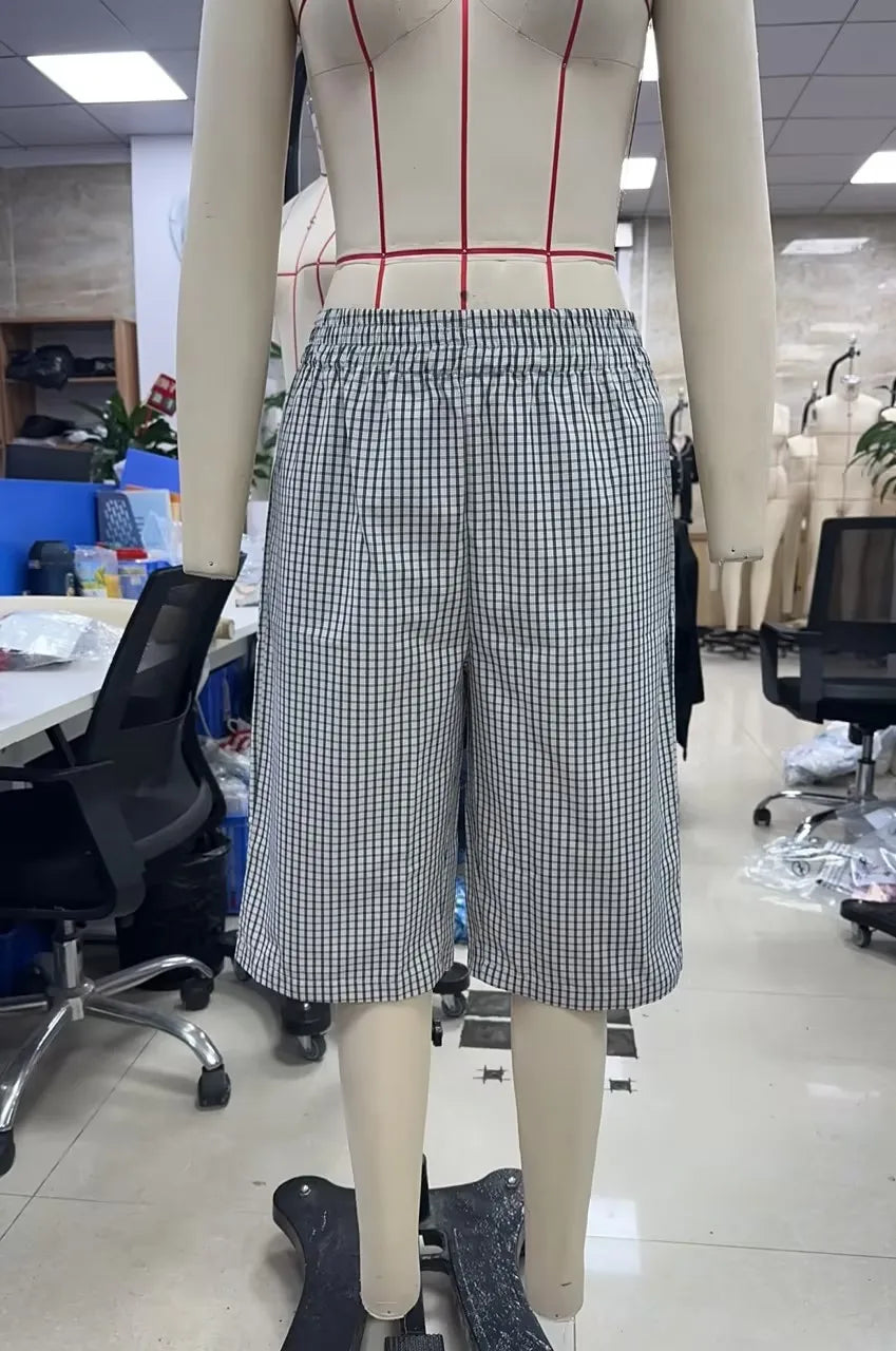 Vintage Plaid Check Bermuda Shorts Elastic Waist Loose Knee Length Trousers For Women Casual Summer Streetwear DailyWear