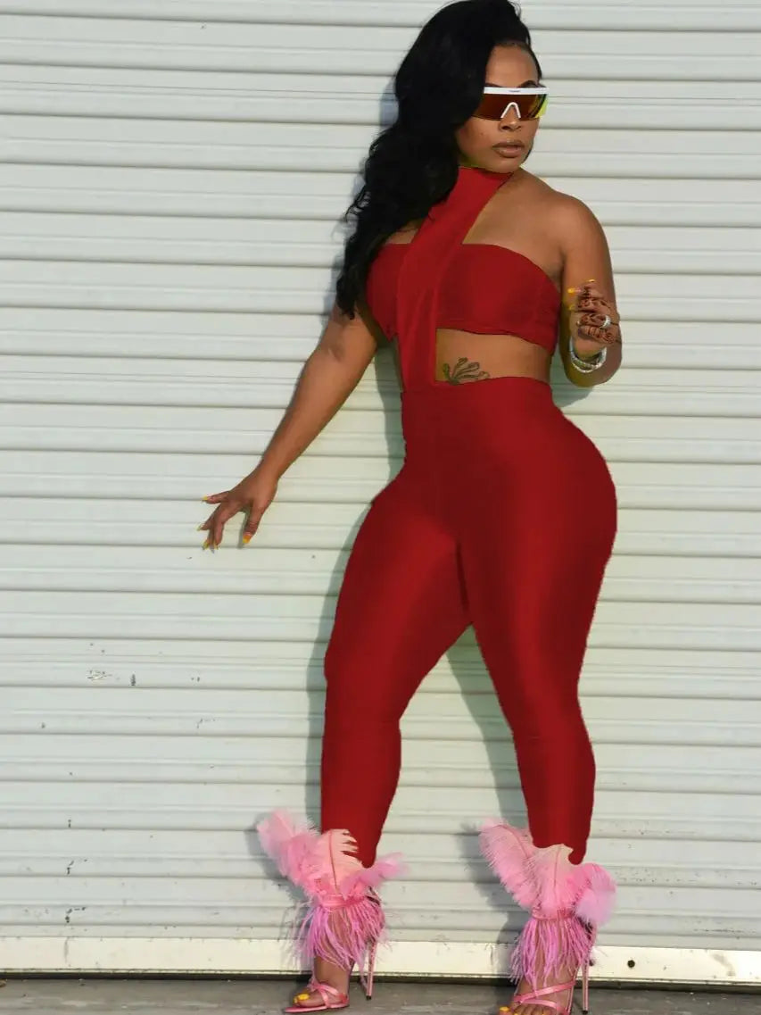 Sexy Backless 2 Piece Set Women Stretch Tube Top+Skinny Halter Jumpsuit Fitness Street Matching Party Club Overalls