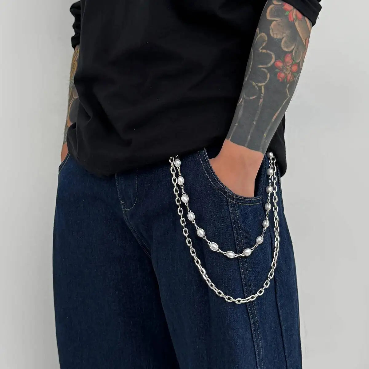 Vintage Imitation Pearl Keychain Wallet Belt Chain for Men Women Hip Hop Trousers Jeans Chain Steampunk Jewelry Gift