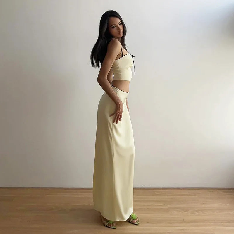 Satin Two Piece Set Crop Top and Maxi Skirt Sets Sexy Summer Outfits Women Elegant Party Dresses
