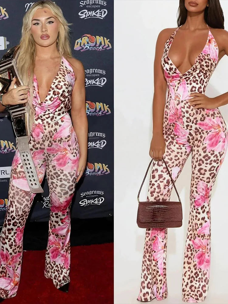 Orchid Leopard Jumpsuit Women Y2K Sexy Halter Backless Midnight Workout Activity Stretch Fitness Overalls Clubwear