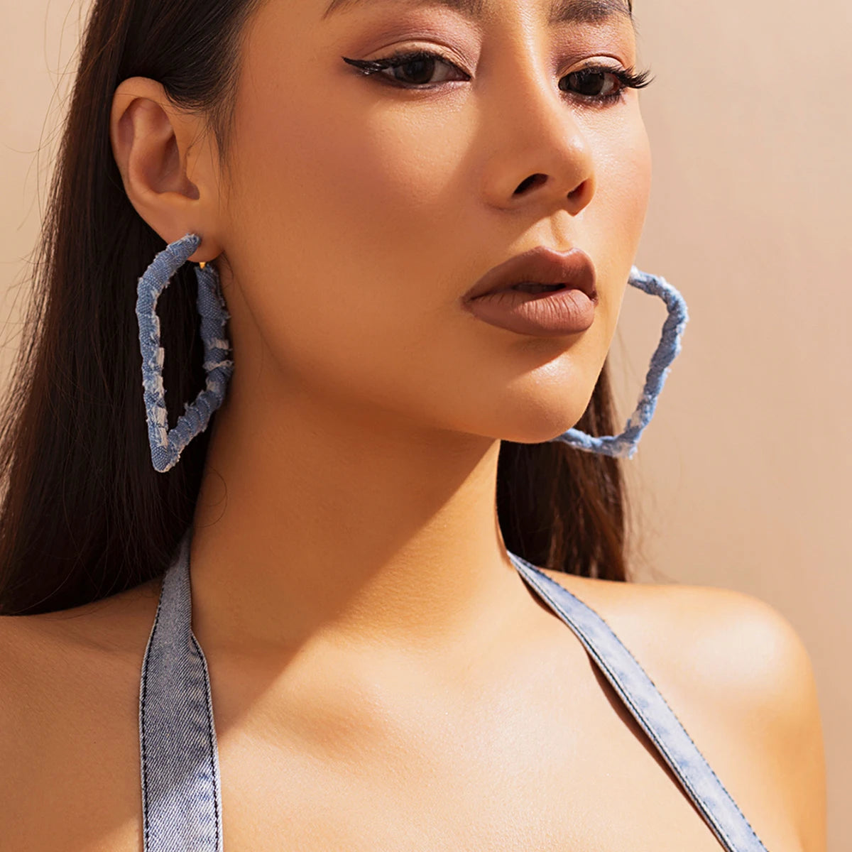 High Quality Exaggerated Blue Denim Hoop Earrings for Women Vintage Big Star Round Triangle Square Geometric Earring Y2K Jewelry