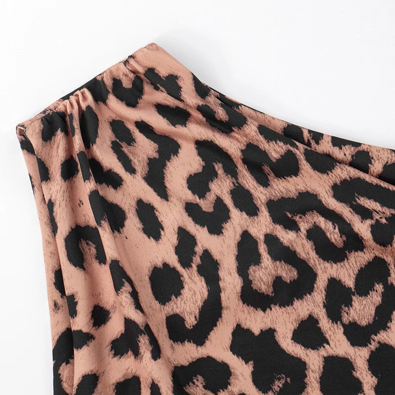 Leopard Print 2-Piece Set Women Irregular Skew Collar Lace-Up Tank Top+Bike Shorts Stretch Skinny Stretch Outfits