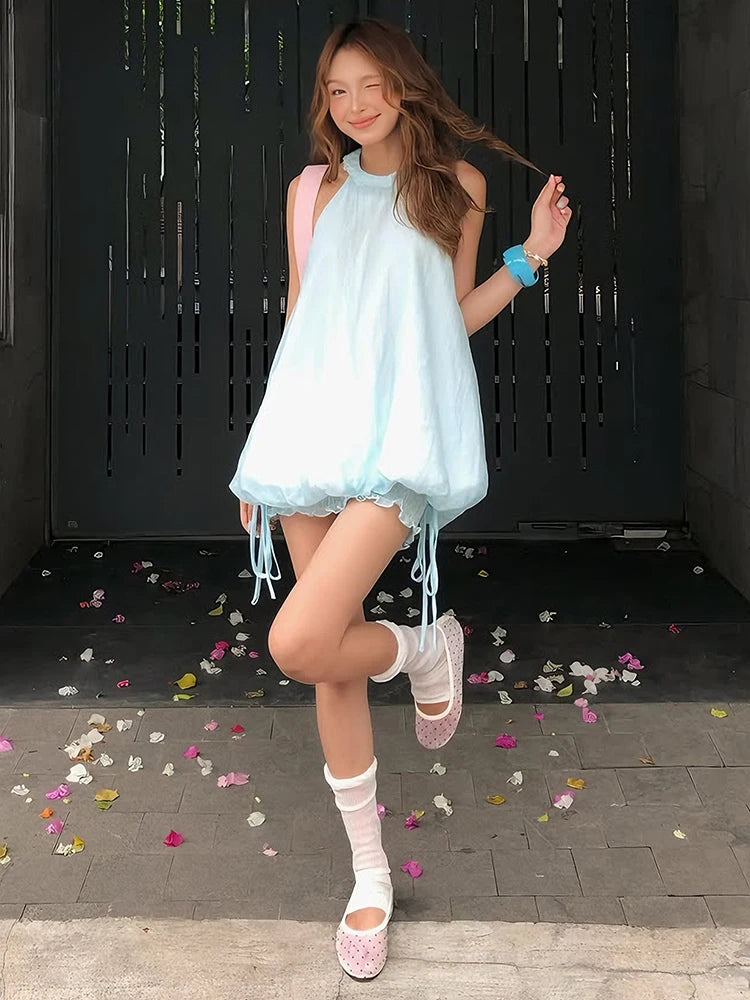 Bandages Vacation Sweet Sexy Dress Women Fashion Ruffled Edge Patchwork Elastic Hem Sleeveless Trend Prom Party Clubwear