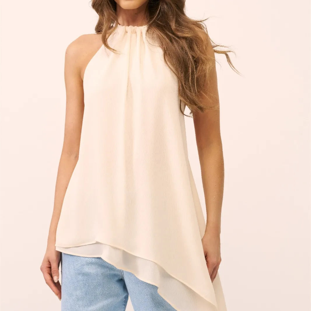 Elegant Polka Dot Halter Top Women Open Back Chiffon Top Tie Neck Asymmetrical Hem Flowy Sleeveless Top SummerStreetwear