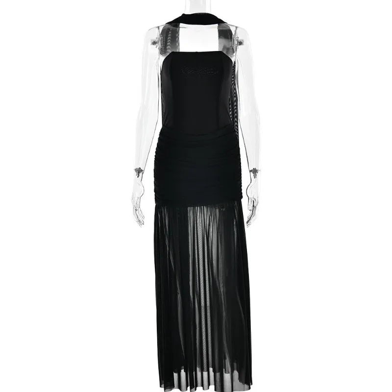 Transparent Mesh Patchwork Strapless Maxi Dress with Scarf Pink Black Elegant Party Dresses for Woman