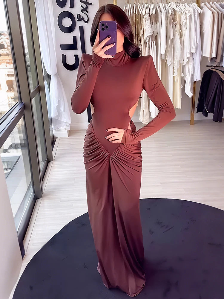 Backless Maxi Dress Women Shoulder Pads Long Sleeve Waistless Peach Buttocks Ruched Elegant Banquet Skinny Vestidos
