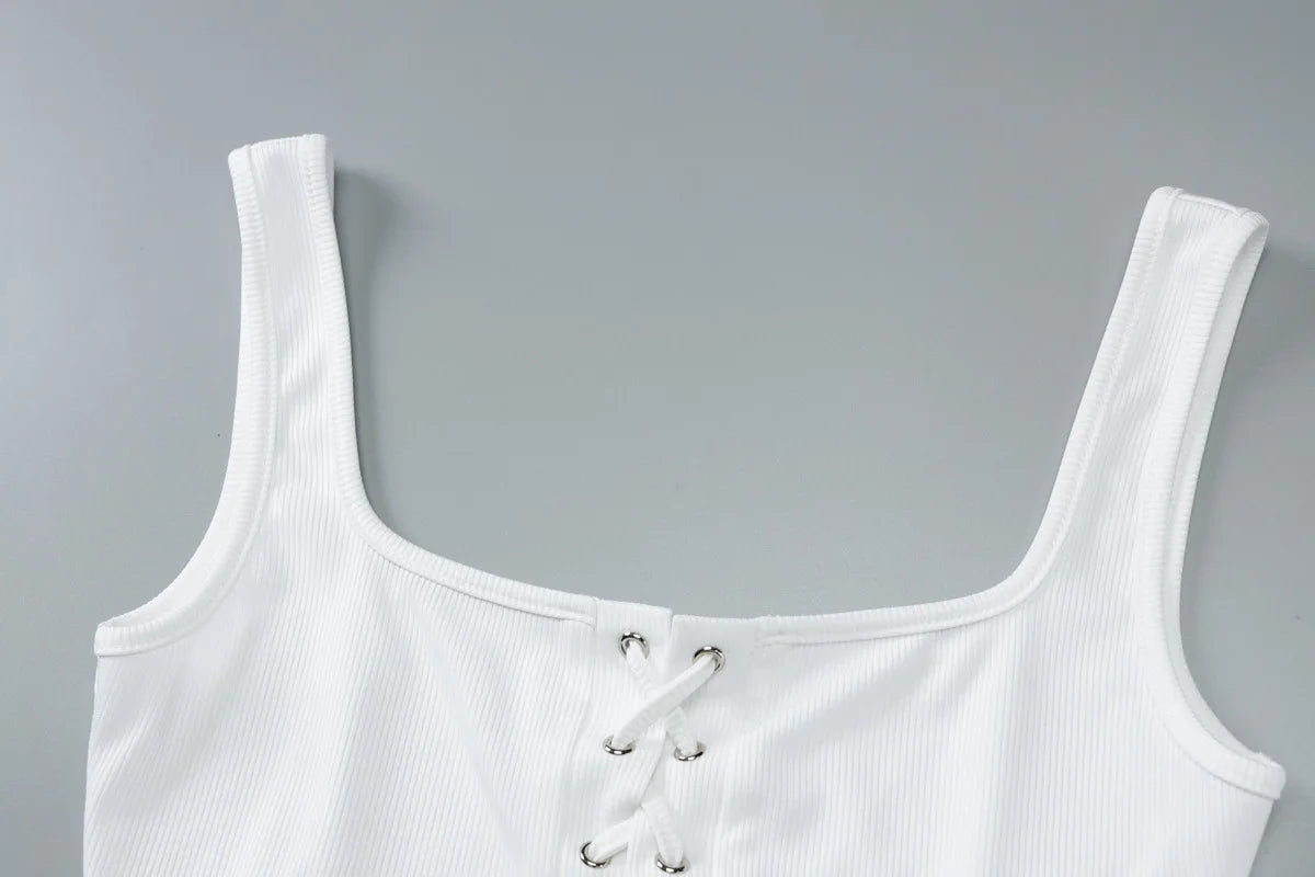 White Pants Suits Set Women Sexy Ribbed Knee Length Pants and Lace Up Corset Top Matching Outfits Clubwear