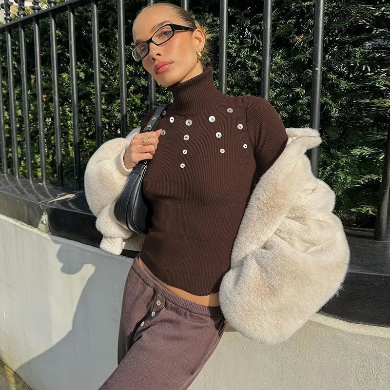 Shell Buckle Turtleneck Long Sleeve Top Brown Knit Tight Fitted T Shirts Fashion 2025 Autumn Clothes for Woman
