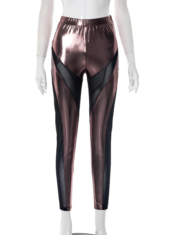 Bronzing Smooth Fashion Long Pants Women Elastic Waist Irregular Mesh Patchwork Sexy Skinny Peach Hip HIpster Bottoms