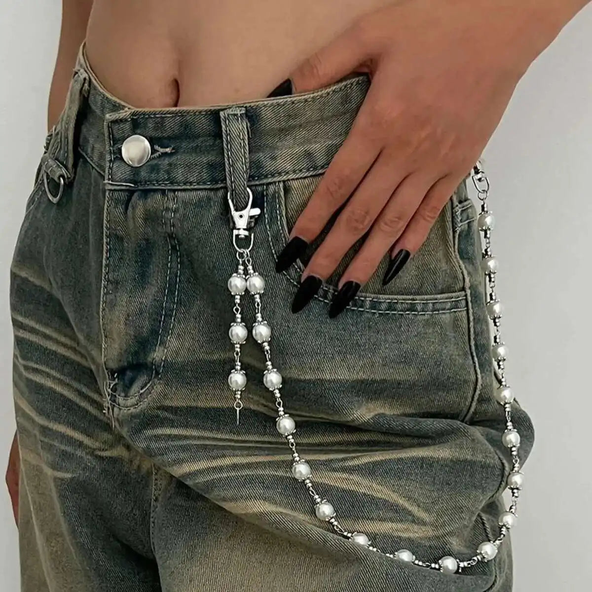 Creative Unique Imitation Pearl Jeans Pants Chain for Women Retro Hip Hop Bag Wallet Keychain Men Jewelry Accessories