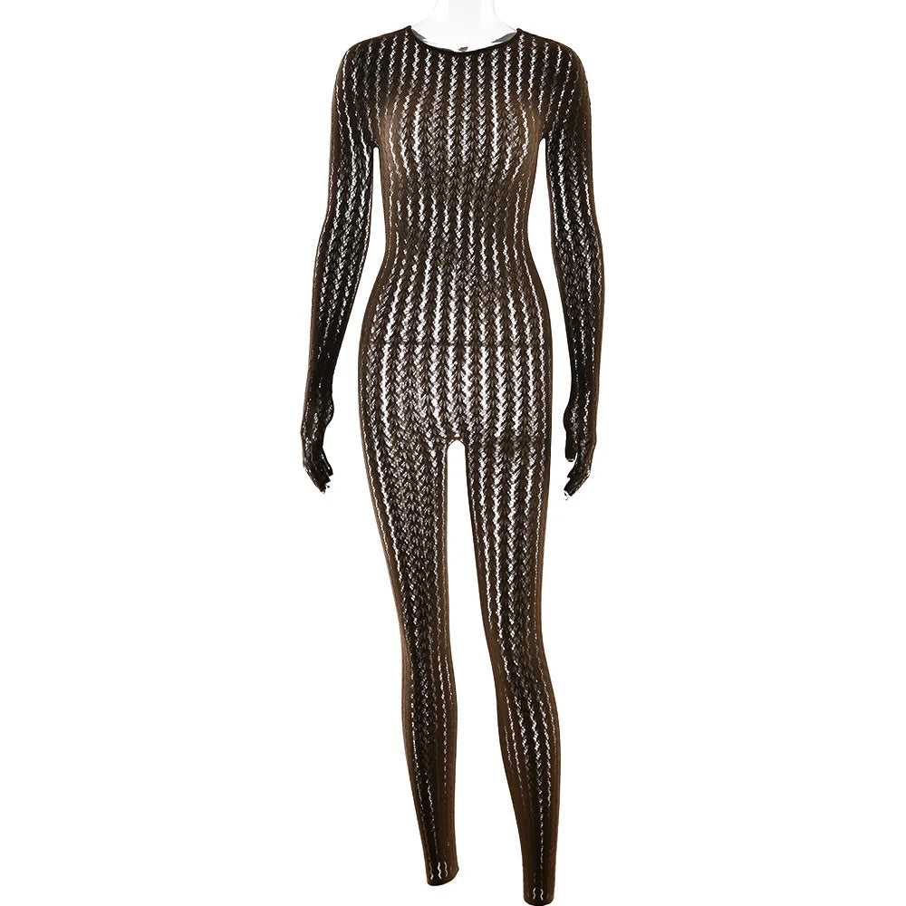 See Through Seamless Striped Jacquard One Piece Long Sleeve Jumpsuit Sexy All Black Outfits for Woman Baddie