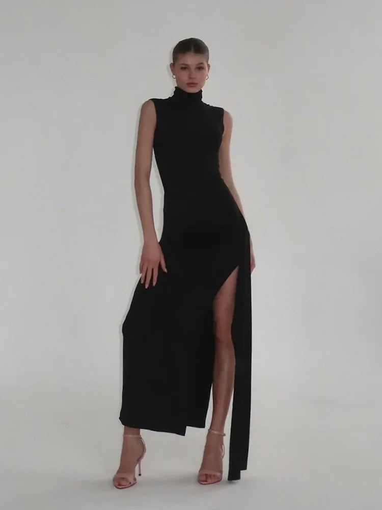 Sexy Fashion Maxi Dress Women Turtleneck Sleeveless Ribbon High Splits Gown Midnight Prom Party Elegant Long Bodycon
