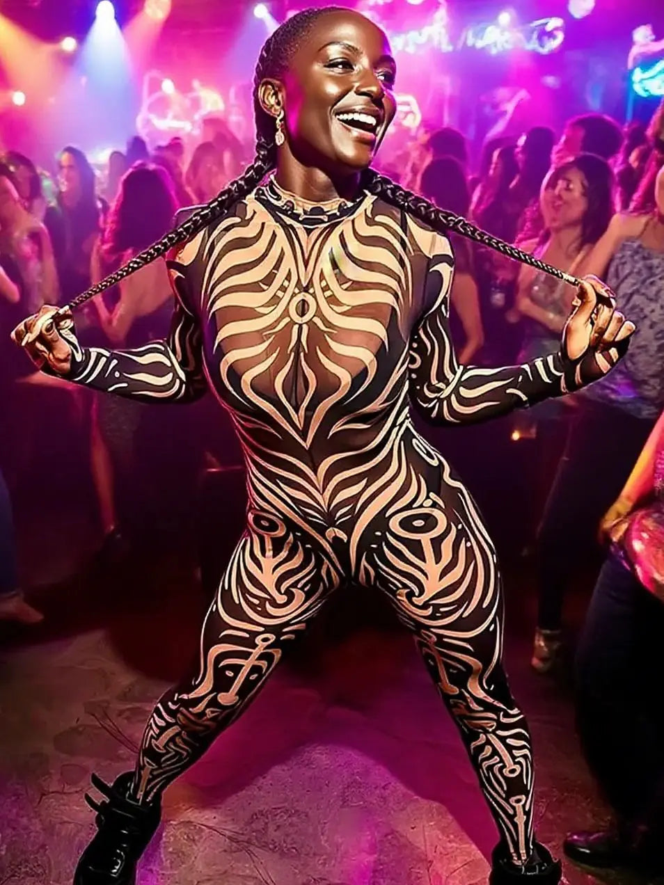 Sexy Striped Print Jumpsuits Women Wild Style Turtleneck Full Sleeve Midnight Party Club Stretch Streetwear Overalls