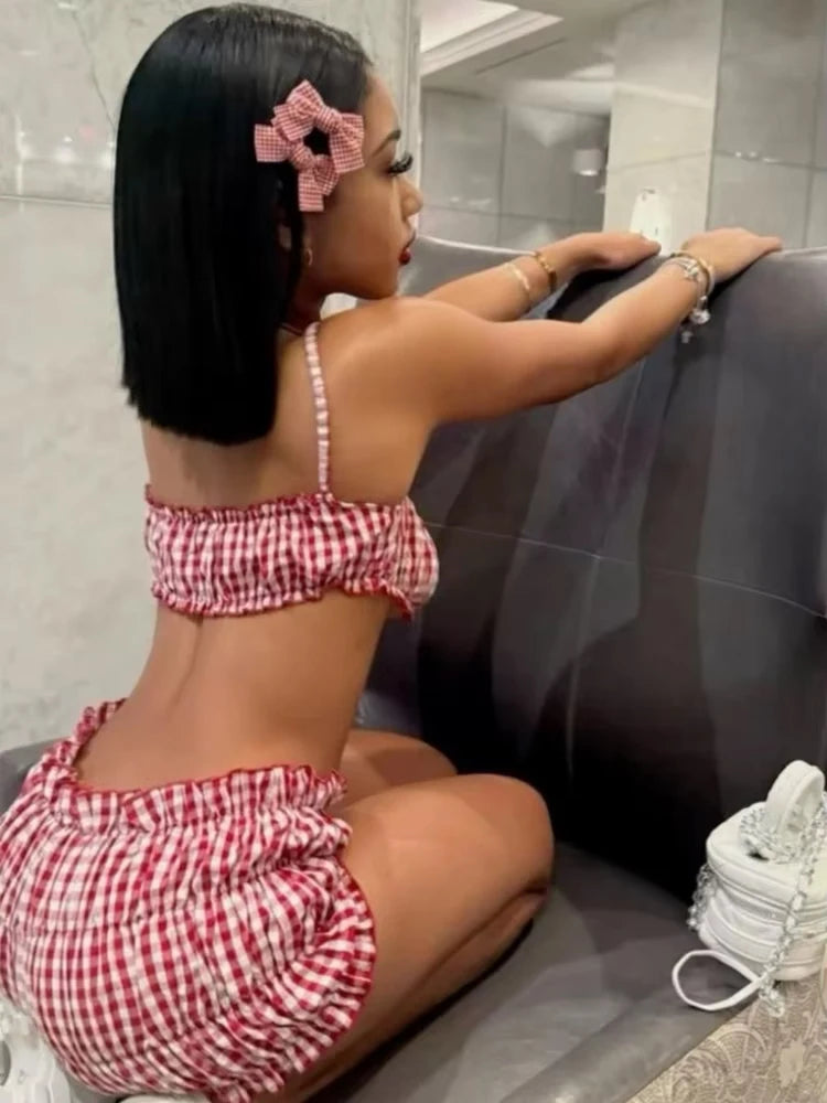 Stripe Women 2 Piece Set Beach Vacation Elastic Camisole+Ruched Shorts Matching Clubwear Midnight Summer Swimsuit