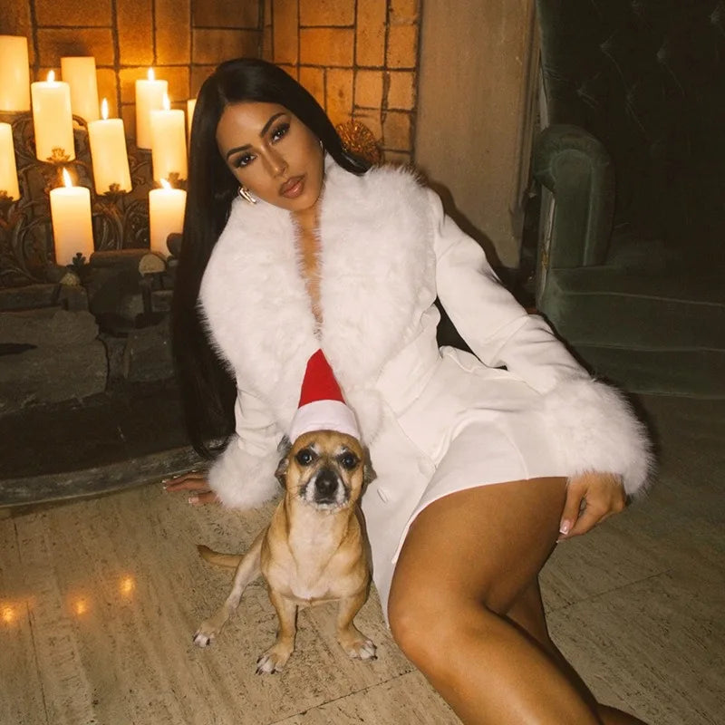Blazer Mini Dress with Faux Fur Collar and Cuffs Elegant Deep V Neck Long Sleeve Mini Dresses White Black