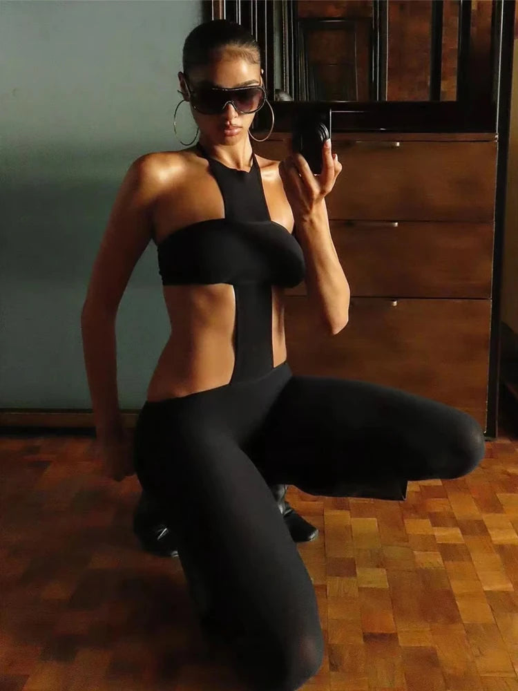 Sexy Backless 2 Piece Set Women Stretch Tube Top+Skinny Halter Jumpsuit Fitness Street Matching Party Club Overalls