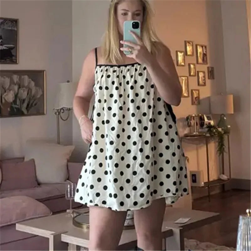 Women's Mini Cami Dress Stylish Sleeveless Spaghetti Strap Dress White with Black Circles Print Summer Beach Sun Dress