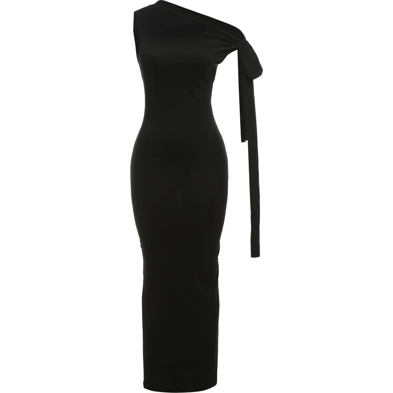 One-Shoulder Dress Woman Summer Sexy Solid Elegant Knot Bandage Sleeveless Bodyshape Simple Party Skinny Vestidos