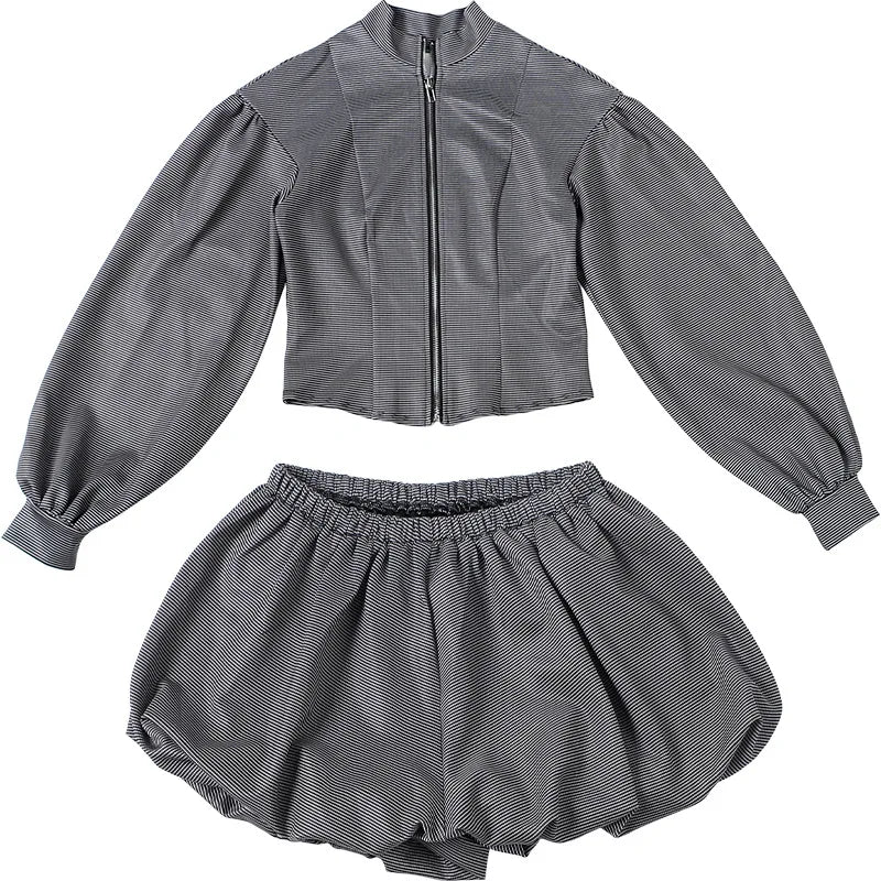Long Sleeve 2 Piece Set Zipper Jacket and Bubble Skirt Shorts Fashion 2025 Fall Woman Going Out Outfits