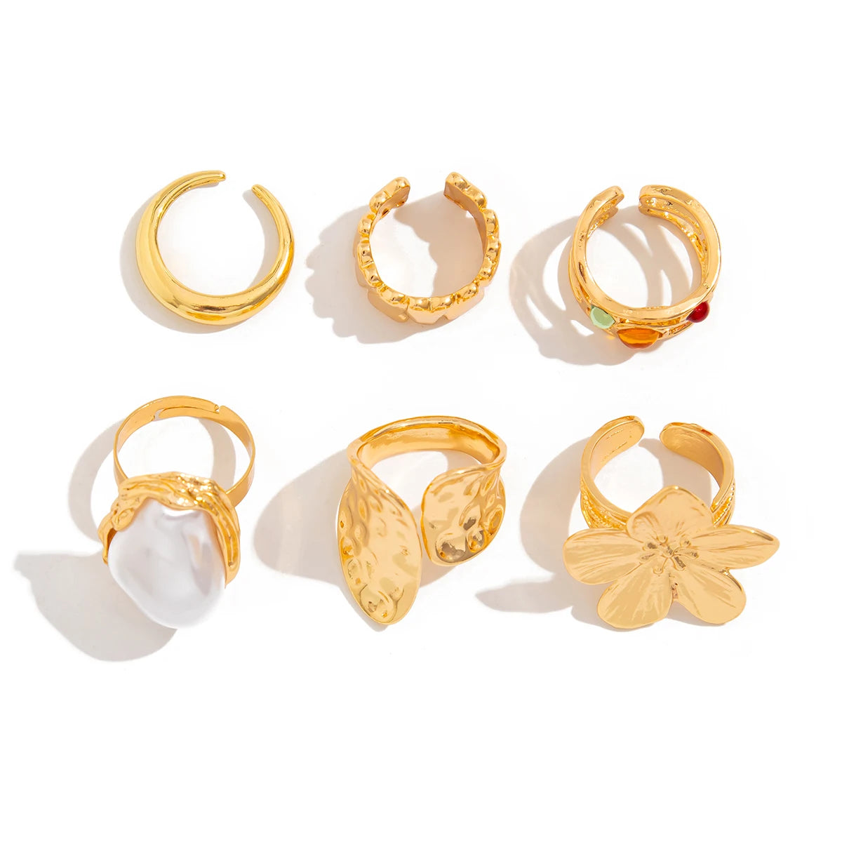 2025 New Irregular Exaggerated Metal Flower Open Rings Women Elegant Baroque Imitation Pearl Ring Jewelry Accessories
