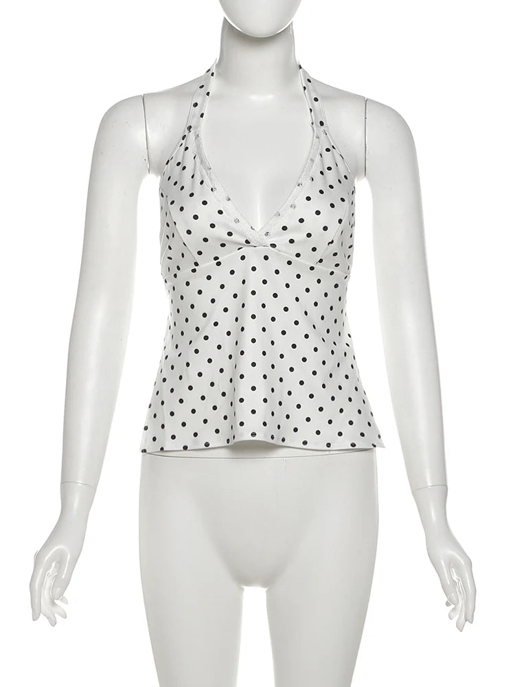 Polka Dots Print Women 2 Piece Set Sexy Halter Camisole+Elastic Bubble Shorts Matching Clubwear Beach Vacation Outfit