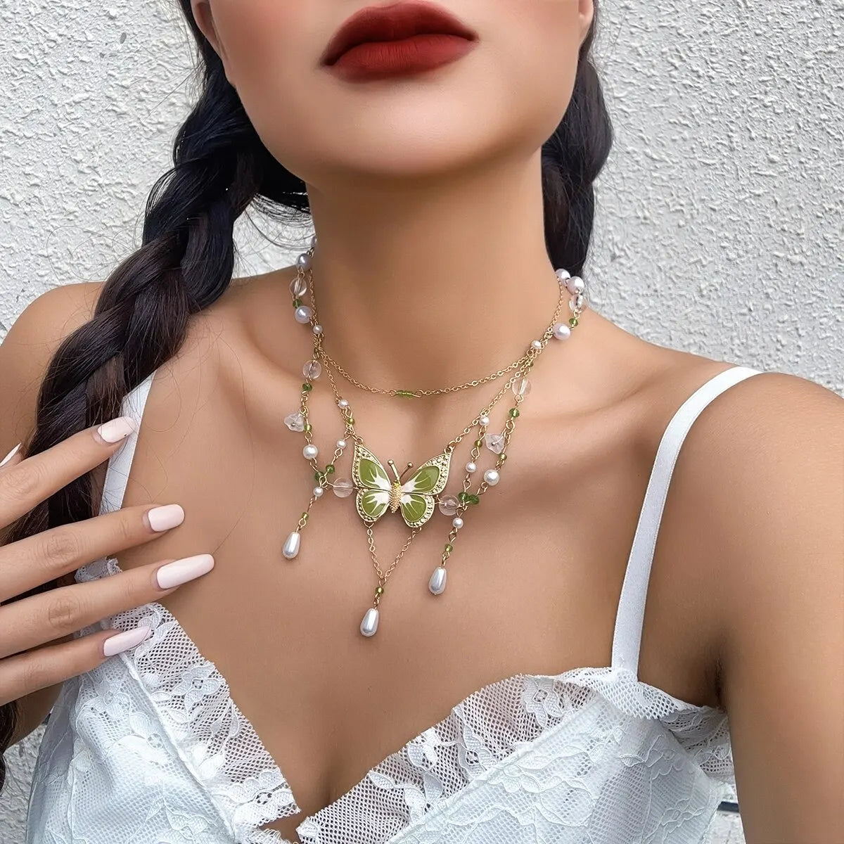 2Pcs Kpop Multilayer Lovely Butterfly Pendant Tassel Necklace Clip Earrings for Women Wed Bridal Exquisite Chain Y2K Jewelry Set