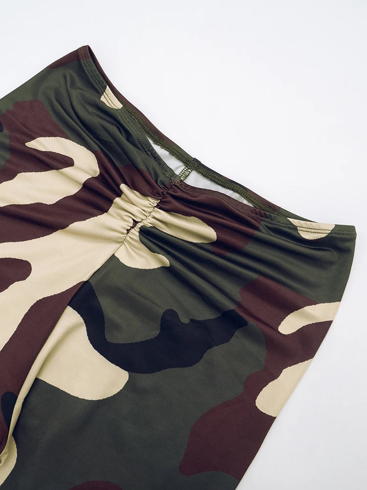 Camouflage Print 2 Piece Set Women Tracksuit V-Neck Shirring Backless Camisole+Pants Matching Street Casual Outfits