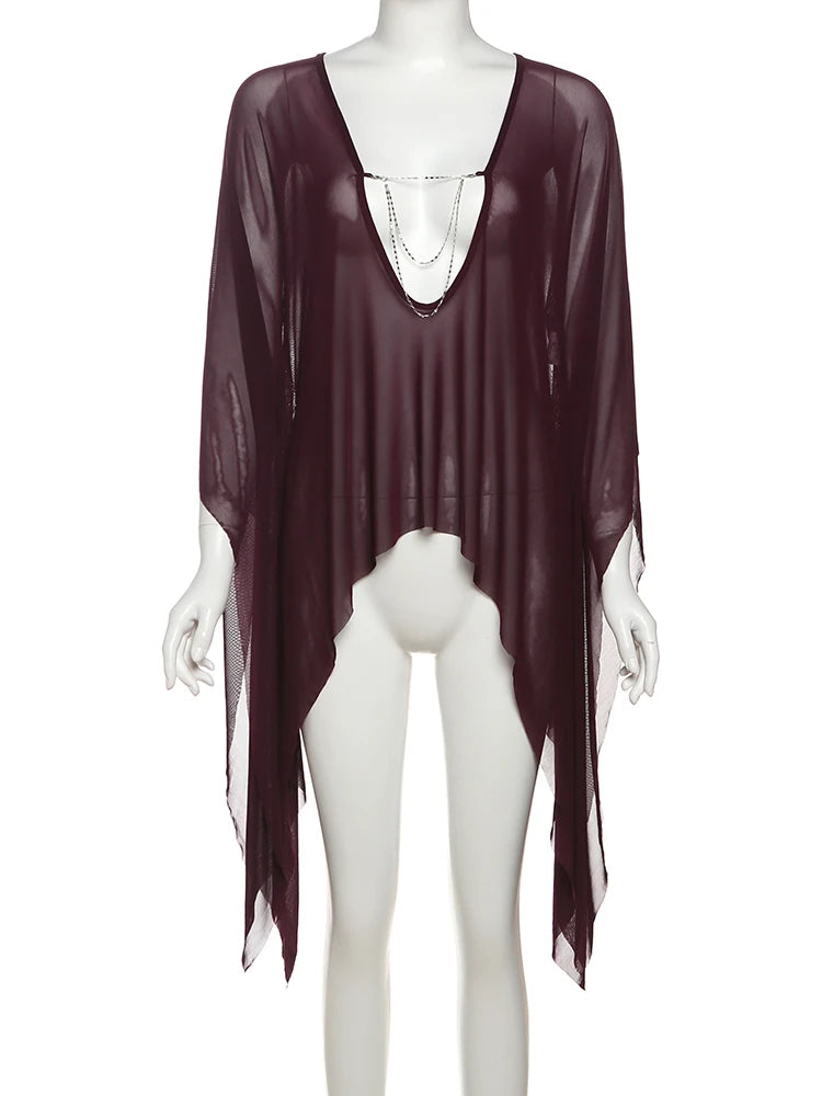 Mesh See Through T-Shirts Women Sexy Deep V-Neck Full Sleeve Irregular Ruffles Tassel Hot Girls Street Wild Style Top