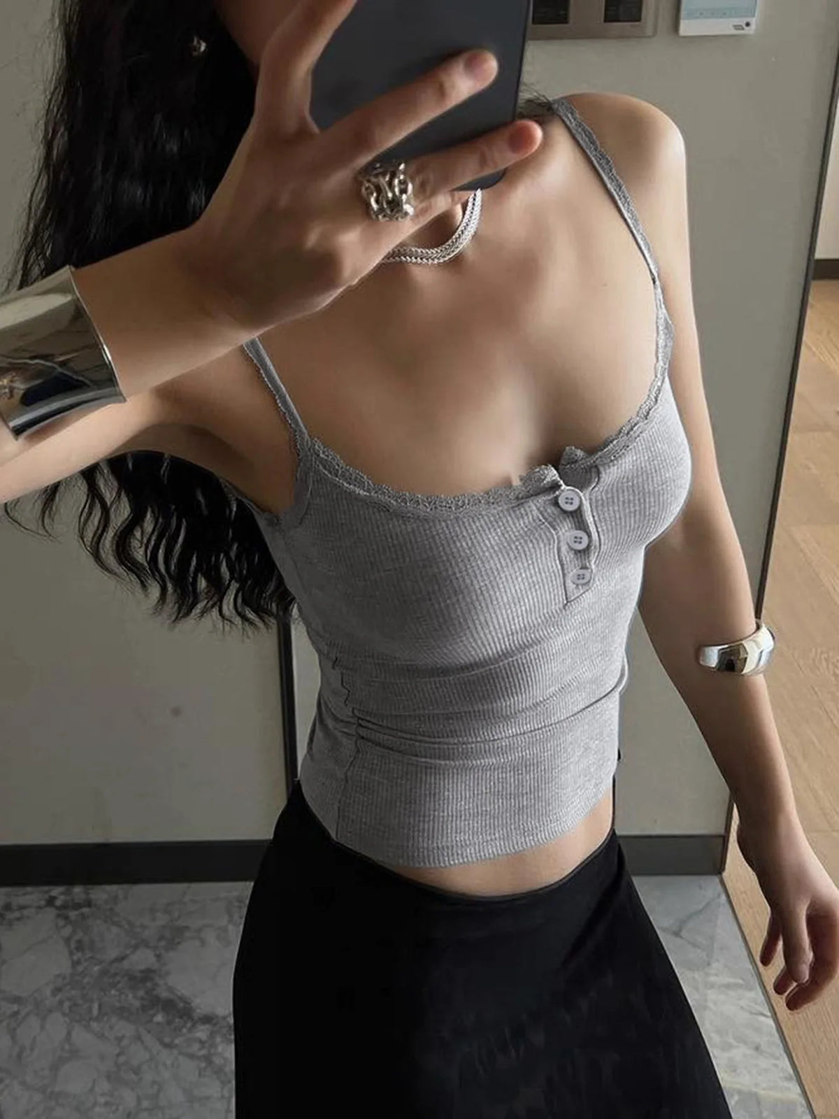 Women's Tanks Camis Solid Color Button Lace Trim Ribbed Tank Tops Summer 2026 Fashion Clothes