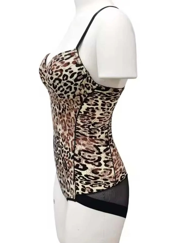 Padded Bra Bodysuits Women Sexy Leopard Print Mesh Patchwork Body Shaping Backless Sleeveless Beach Party Shapewear