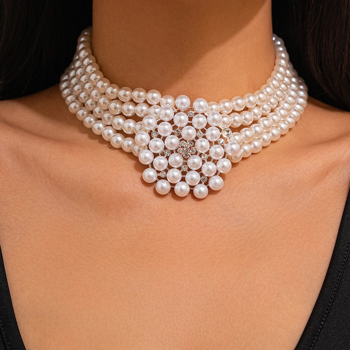 2Pcs Elegant Multilayer Imitation Pearl Chain Necklace Bracelet Women Wed Bridal Flower Choker Aesthetic Jewelry Set