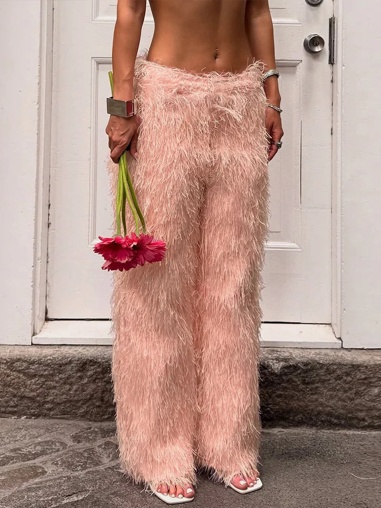 Furry Casual Straight Pants Women Y2K Simple Autumn Trend Basic Wild Streetwear Sweatpants Skinny Hipster Trousers