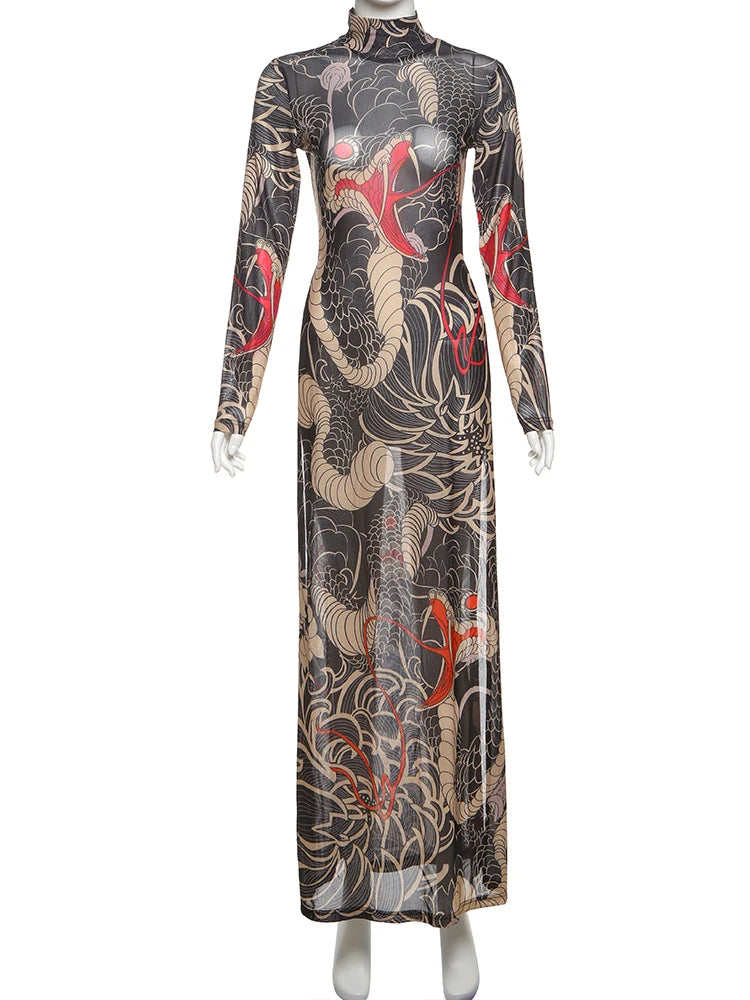 See Through Maxi T-Shirts Women Snake Print Turtleneck Full Sleeve High Split Elastic Sexy Coquette Skinny Clubwear