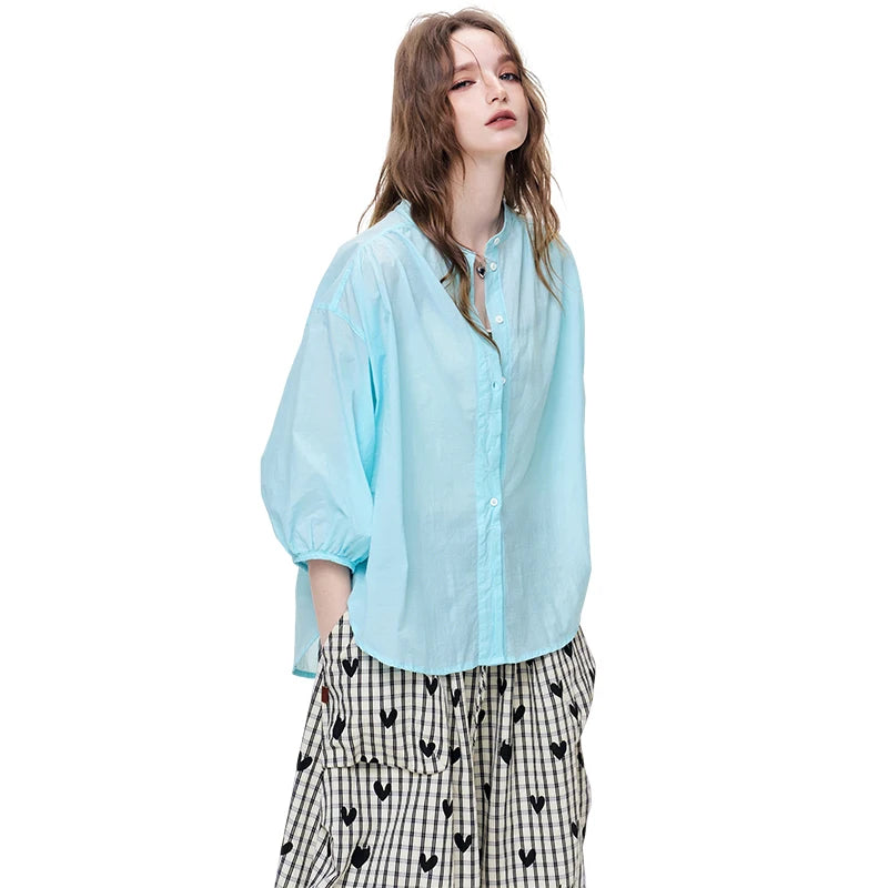 Women's Solid Color Sheer Blouse, Stand Collar Puff Sleeve Casual Button Down Loose Fit Shirt