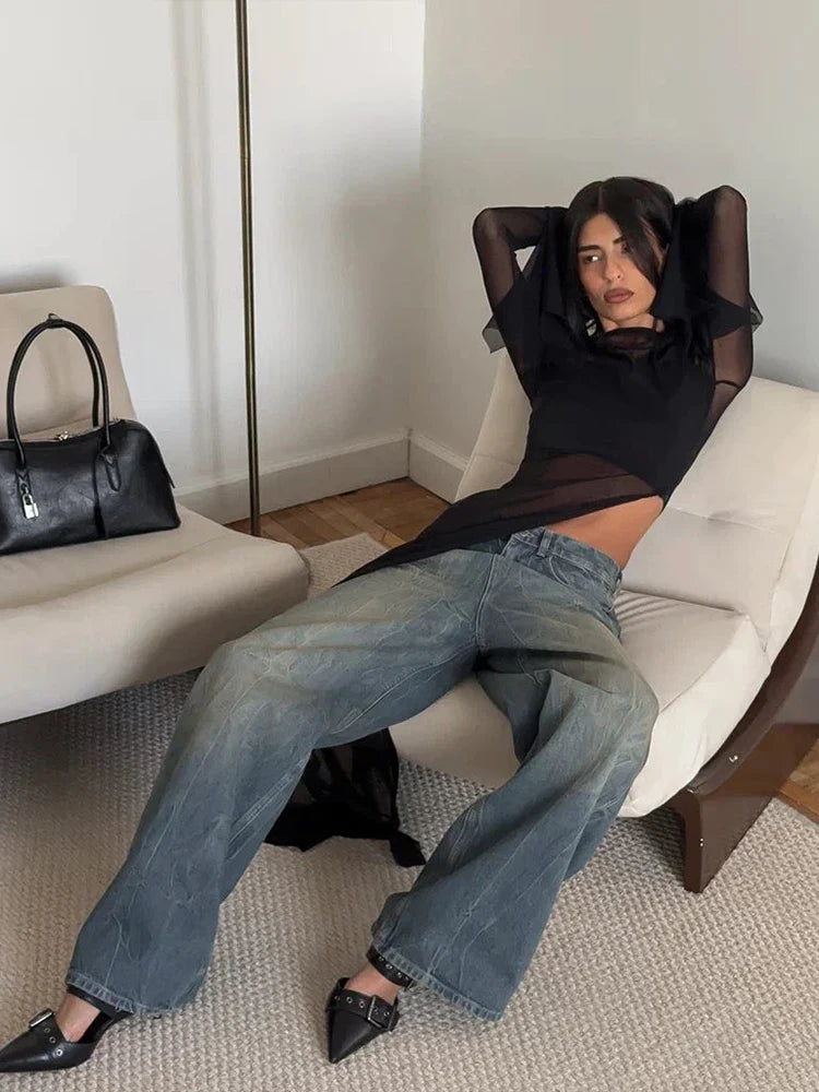 Sexy Irregular Hem T-Shirt Women Patchwork o-Neck Flared Sleeves Summer Midnight Sexy Hottie Fashion Split Long Tops