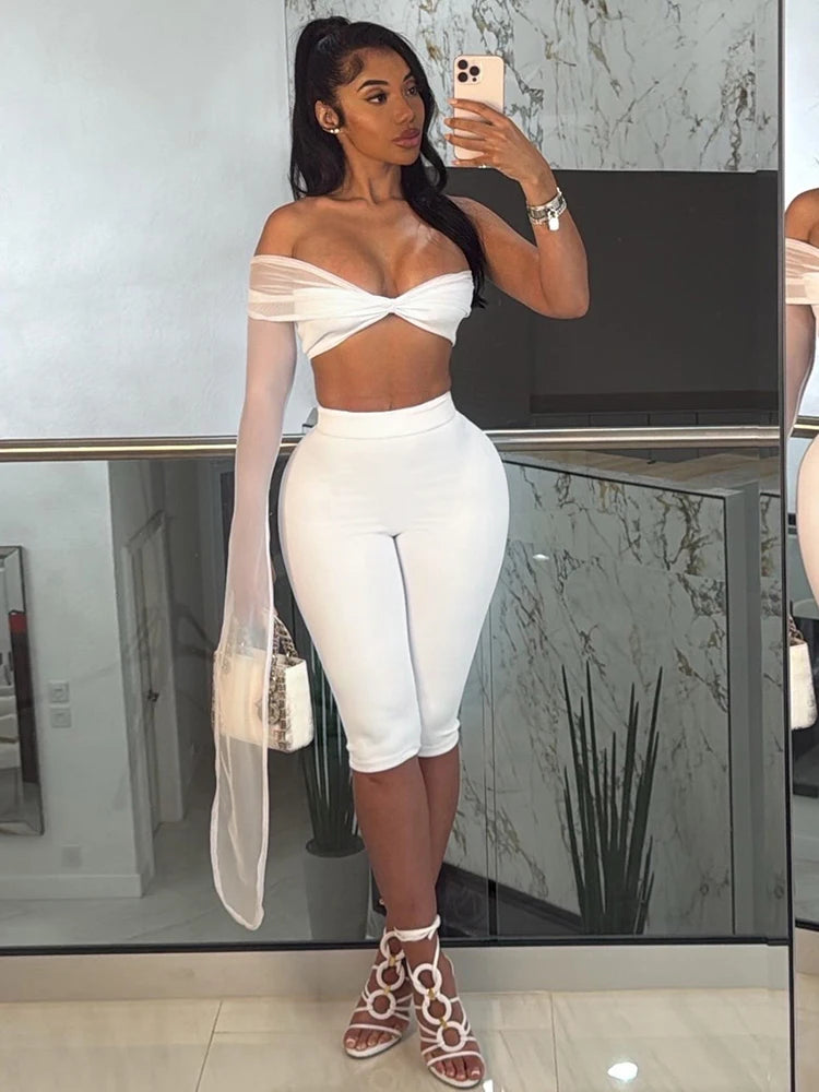 Sexy Fashion 2 Piece Set Women Mesh Patchwork Single Sleeve Strapless Top+Skinny Shorts Hottie Street Hipster Outfits