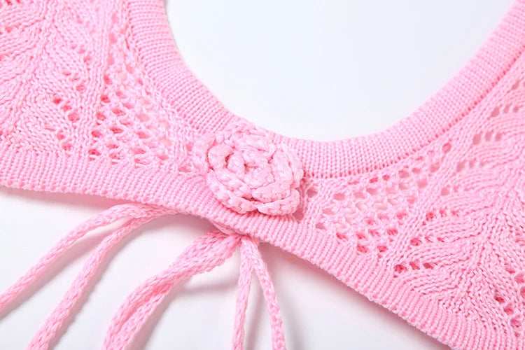 Beach Crochet Women Summer 2 Piece Set Applique Halter Bandage Camisole+Maxi Skirts Sexy Matching Vacation Clubwear