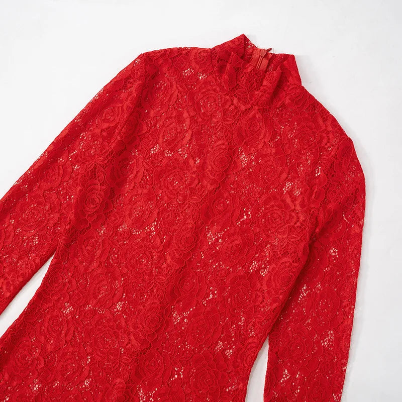 See Through Lace Red Black Evening Dresses Luxury Elegant Turtleneck Long Sleeve Fishtail Maxi Dress Women