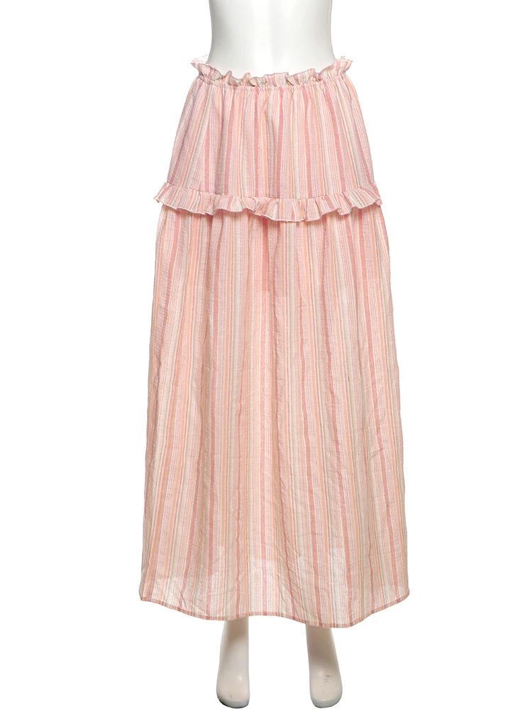 Stripe Print 2-Piece Set Women Y2K Button Puff Sleeve Irregular Crop Top+Edges Skirts Summer Streetwear Matching Suit