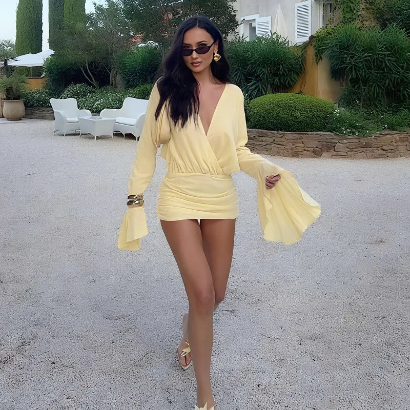 Deep V Neck Flared Long Sleeve Dress Fashion Sexy Yellow Short Dresses 2025 Autumn New Womens Clothing