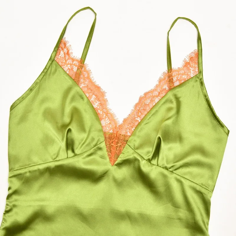 Sexy Deep V Neck Backless Long Dresses Green French Style Satin Dress Elegant Clothes Woman