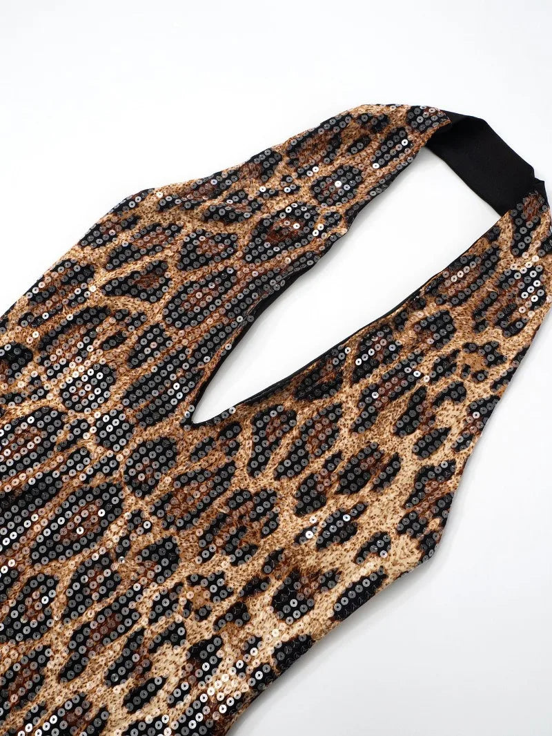 Leopard Print Sequin Dress Sexy Halter Deep V Backless Mini Dresses Summer Woman Night Club Outfits