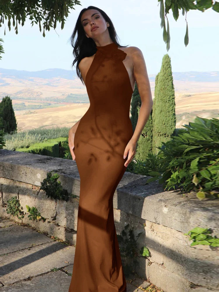 3d Floral-applique Backless Maxi Dresses for Women Black Halter Dress Elegant Sexy Summer Vacation Outfits