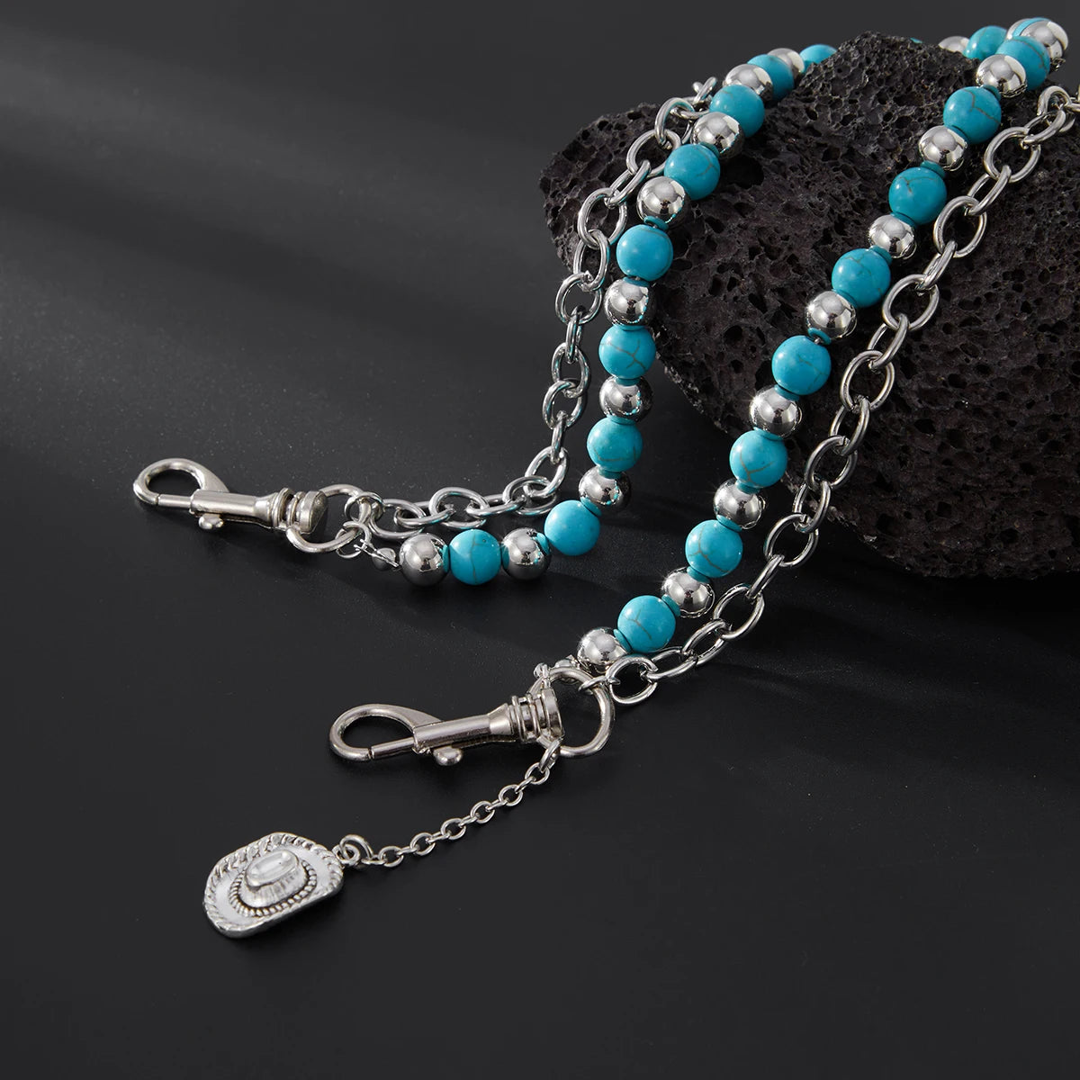 Y2K Trendy Blue Stone Bead Jeans Pants Chain For Men Women Hip Hop Punk Double Layer Keychains Bag Accesories Jewelry