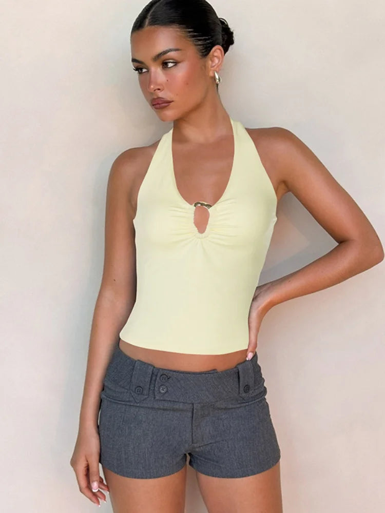 Hardwear Detail Hollow Halter Crop Tops 2025 Summer Woman Clothes Fashion Sexy Backless Tank Top