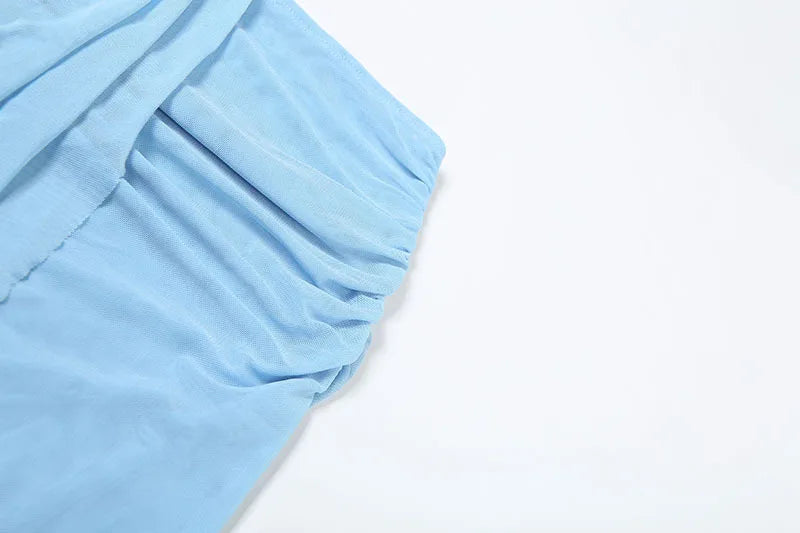 Blue Mesh See-through 2 Pieces Set for Woman Open Back Halter Top and Long Skirt Elegant Summer Outfit