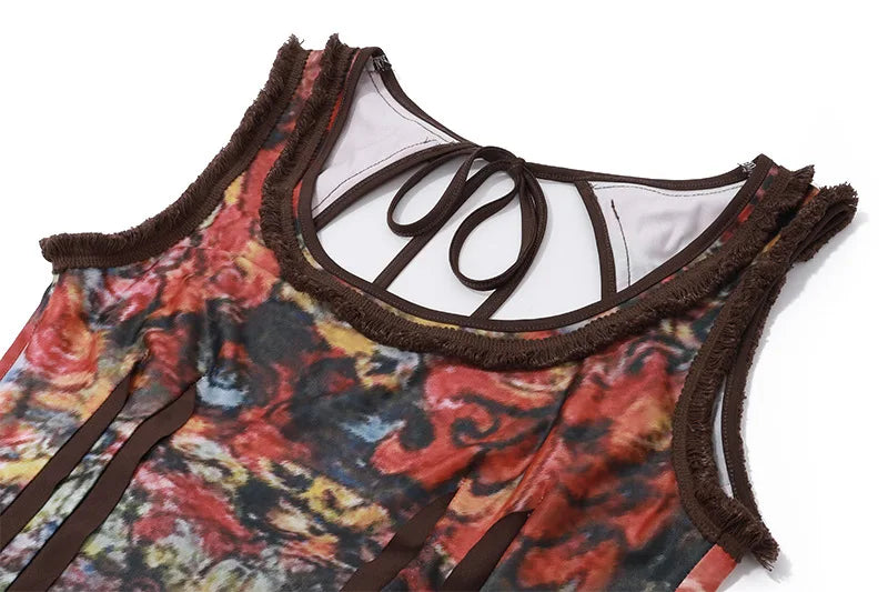 Y2k Retro Tie Dye Print Long Dresses for Women Sexy Hollow Out Lace Up Backless Maxi Dress 2000s Aesthetic